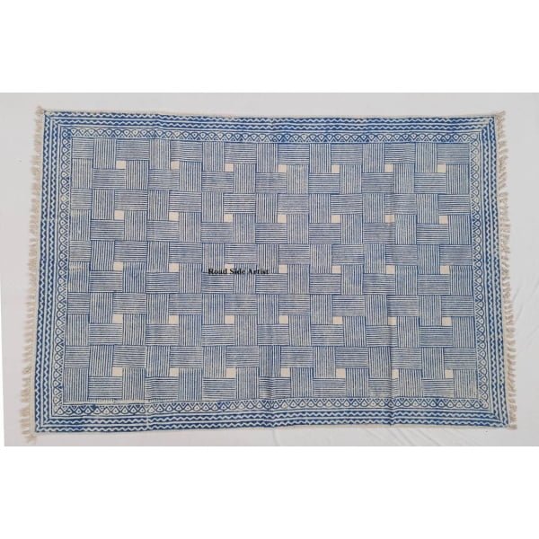 Multi Size Cotton Handblock Printed Indigo Blue and White color Rug -Handmade Block Print Rug - Image 1