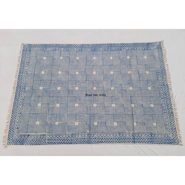 Multi Size Cotton Handblock Printed Indigo Blue and White color Rug -Handmade Block Print Rug - Image 3