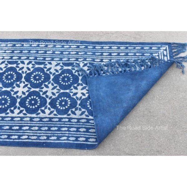 Cotton Indigo Blue Hand Block Print Cotton Runner indian Rug- Washble Pure Cotton Runner Rug Dhurrie - Image 9